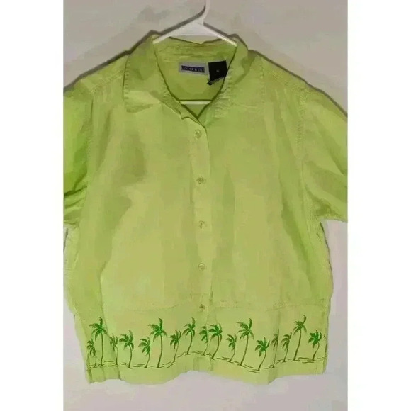 "Erika & Co "Women's XL Green Palm Trees‎ Cotton Button Up Short Sleeve Top - Picture 1 of 9